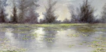 Shirley Carnt (British, b.1927 -), "The Lily Pond", oil on board, signed, 12x24ins