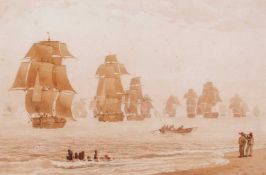 William Joy (British, 1806-1866), The fleet off Gt. Yarmouth, sepia watercolour, 8x12insQty: 1