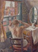 Frank William Leslie Davenport (British, 1905-1973), A female figure seated by a dresser and window,