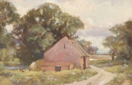 Owen Waters (British, 1916-2004), 'A Norfolk Barn', oil on board, signed, 8x11ins. A member of the