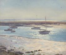 Wilfred Pettit British (1904-1978), A trio of Norfolk coastal scenes some with sailboats at low
