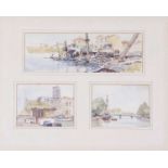 John Clifford (British, b. 1934), "The Harbour Agde", three watercolours sketches of scenes at the