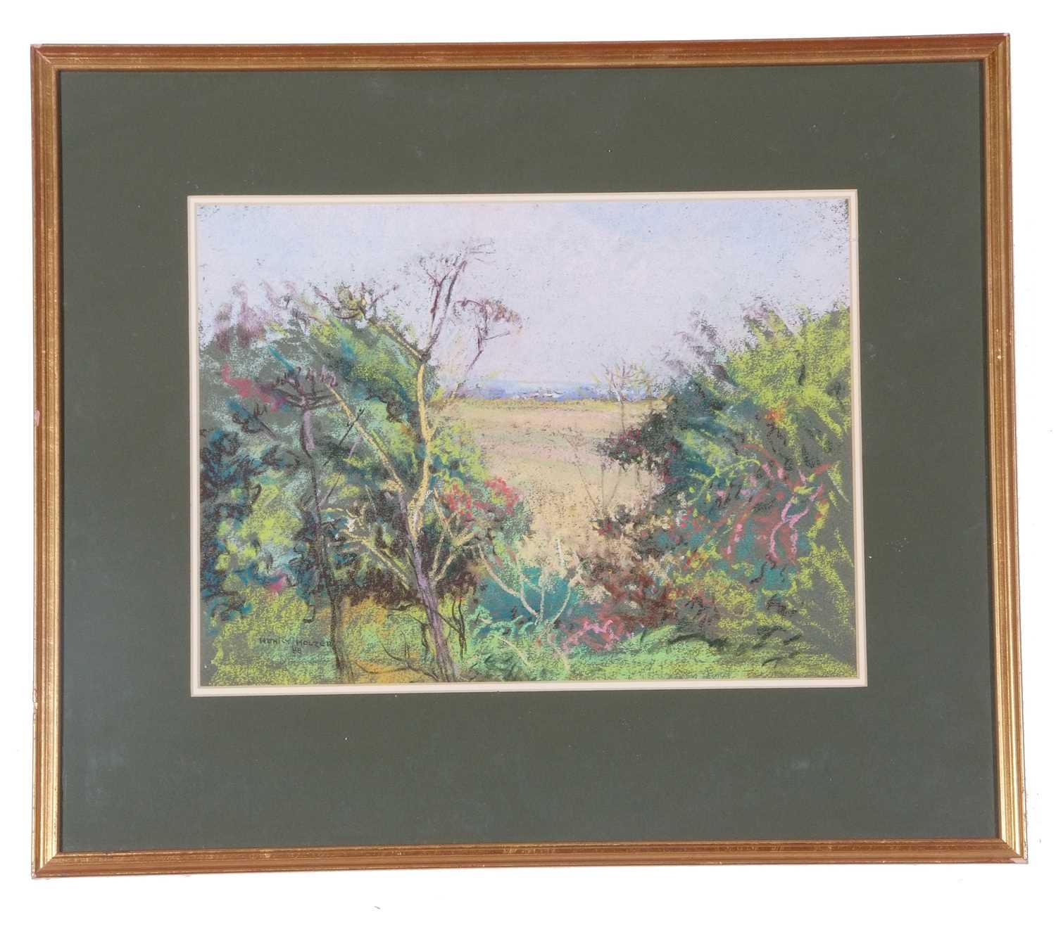 Henry Holzer (British, 1907-2007), "Gaps in the Hedge (view from artists studio)", pastel, signed, - Image 2 of 2