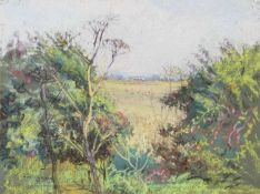 Henry Holzer (British, 1907-2007), "Gaps in the Hedge (view from artists studio)", pastel, signed,