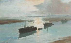 Marcus Ford (British, 1915-1989), Moored boats at low tide, oil on canvas, signed, 18x29insQty: 1