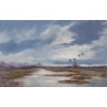 Shirley Carnt (British, b.1927 -), "Floodtide - Thornham Marsh", oil on board, signed,