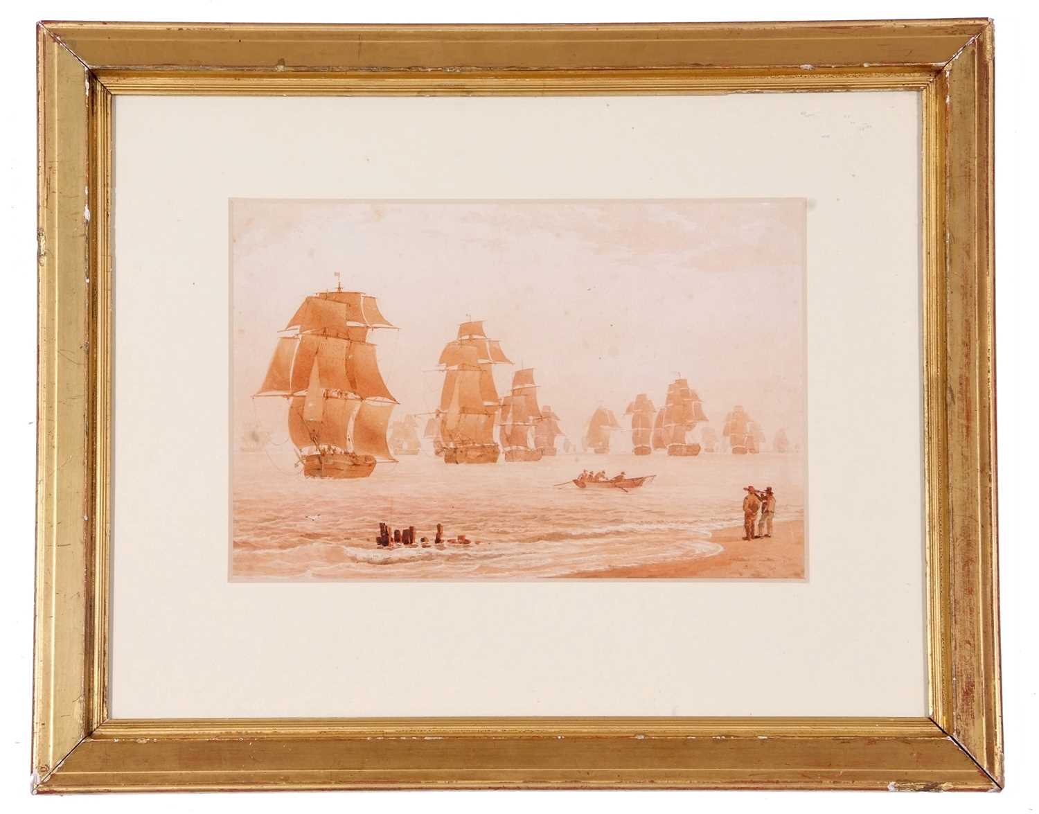 William Joy (British, 1806-1866), The fleet off Gt. Yarmouth, sepia watercolour, 8x12insQty: 1 - Image 2 of 2