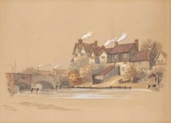Edward Pococke (British, 1846-1905), Bishop Bridge, Norwich, ink and watercolour, signed and dated