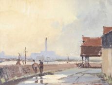 Clifford John (British, b. 1934), Great Yarmouth from Southtown, oil on board, signed, 14x18ins