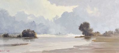 Marcus Ford (British, 1915-1989), "Southwold from Blythburgh", oil on canvas, signed, 30x11ins