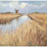 Shirley Carnt (British, b.1927 -), "Horsey Mill - Norfolk Broads", oil on canvas, signed,