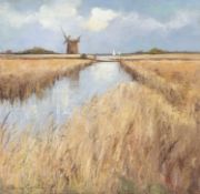 Shirley Carnt (British, b.1927 -), "Horsey Mill - Norfolk Broads", oil on canvas, signed,