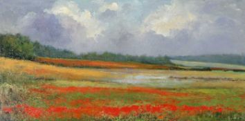 Shirley Carnt (British, b.1927 -), "Poppy Fields, North Norfolk", oil on board, signed, 12x24ins