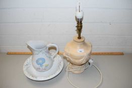 PORTUGUESE WASHBOWL AND JUG TOGETHER WITH A FURTHER CERAMIC BASED TABLE LAMP (3)