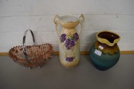 FLORAL DECORATED VASE, STONEWARE JUG AND A PINK GLASS TABLE BASKET