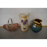 FLORAL DECORATED VASE, STONEWARE JUG AND A PINK GLASS TABLE BASKET