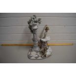 LARGE LLADRO FIGURE GROUP OF TWO BALLERINAS AND A FLORAL MOUNTED PILLAR (DAMAGED)