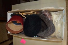 BOX OF MIXED HATS, HANDBAG, NECK TIES ETC