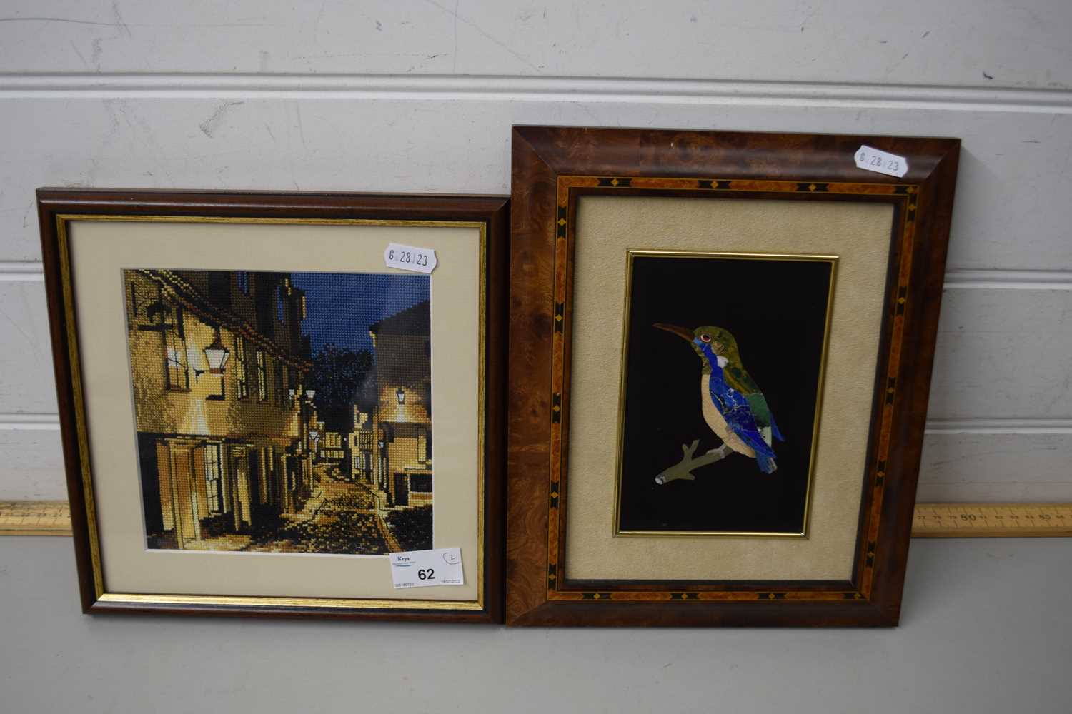 HARDSTONE MOSAIC PICTURE OF A KINGFISHER, TOGETHER WITH A FURTHER NEEDLEWORK PICTURE OF ELM HILL,