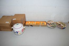 CASED SET OF RESIN BUDDHA FIGURES, POOLE POTTERY COLLECTORS PLATES AND A POOLE POTTERY BISCUIT