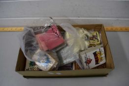 BOX OF MIXED PLAYING CARDS, PLASTIC MODEL ANIMALS AND OTHER ITEMS
