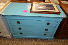 MODERN BLUE PAINTED FOUR DRAWER BEDROOM CHEST WITH RINGLET HANDLES, 108CM WIDE