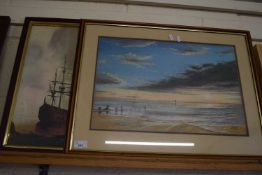 D BEAN, STUDY OF A COASTAL SCENE, FRAMED, TOGETHER WITH A FURTHER COLOURED PRINT OF WARSHIPS (2)