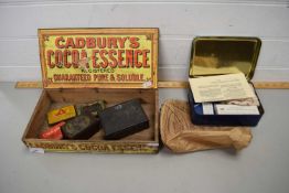 VINTAGE CADBURY'S COCOA ESSENCE BOX, VARIOUS VINTAGE TINS, AND A BOOTS FIRST AID CASE WITH