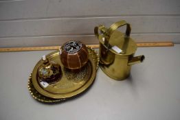 TWO BRASS TRAYS, BRASS HOT WATER CAN, POT POURRI JAR AND A RUBY AND GILT GLASS VASE