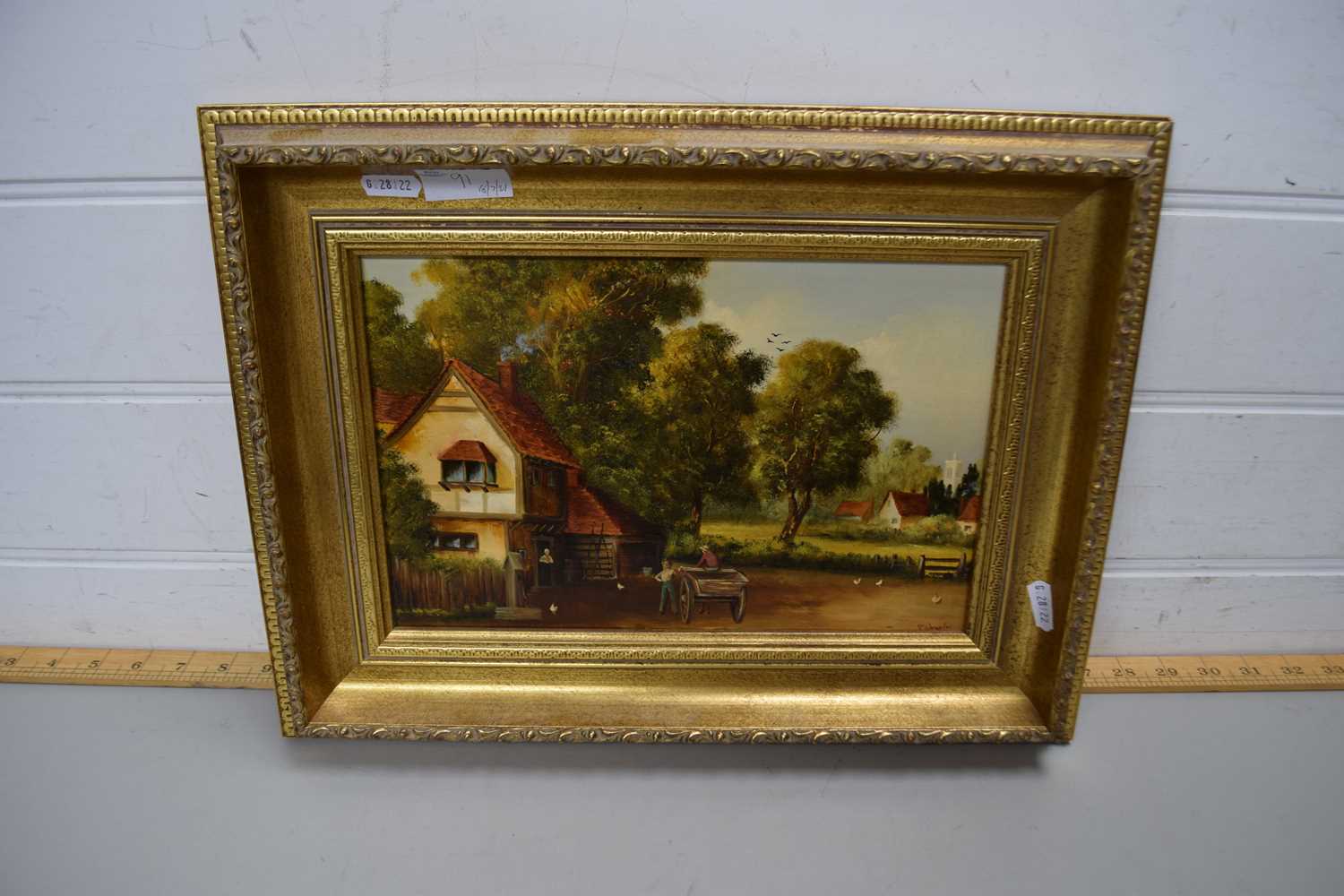 M J DOUGLAS, STUDY OF VILLAGE SCENE WITH HORSE AND CART, OIL ON BOARD, GILT FRAMED