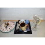 MIXED ITEMS TO INCLUDE MODERN WALL CLOCK, FRAMED PICTURES, PIGGY BANK, AND OTHER ITEMS