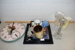 MIXED ITEMS TO INCLUDE MODERN WALL CLOCK, FRAMED PICTURES, PIGGY BANK, AND OTHER ITEMS