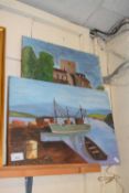 CONTEMPORARY SCHOOL, STUDY OF A RURAL HARBOUR SCENE AND FURTHER STUDY OF A RIVERSIDE CASTLE, OIL
