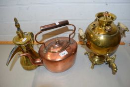 MIDDLE EASTERN BRASS COFFEE POT, TOGETHER WITH A COPPER KETTLE AND A SMALL SAMOVAR