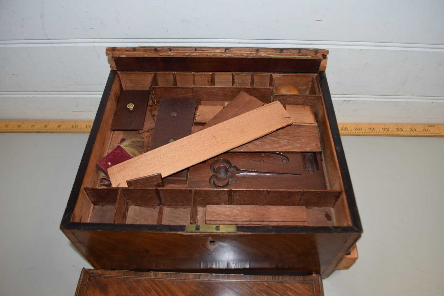 19TH CENTURY MAHOGANY VENEERED BOX WITH FITTED INTERIOR AND BASE DRAWER (REQUIRING RESTORATION)