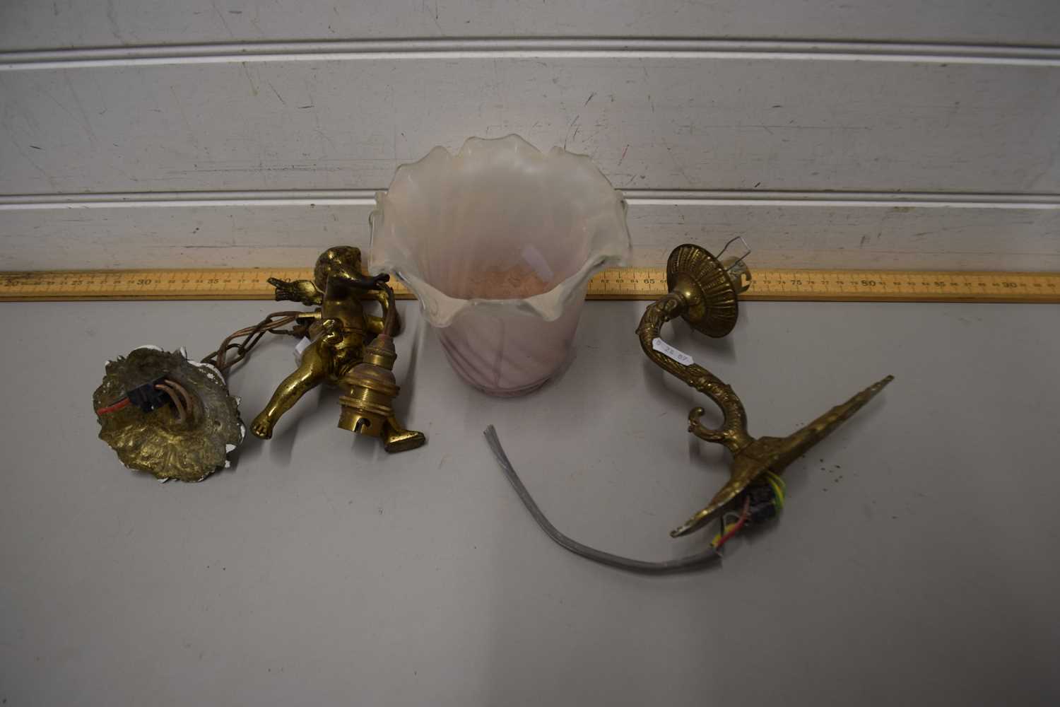 TWO VINTAGE METAL LIGHT FITTINGS, ONE WITH CHERUB MOUNTS