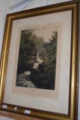 COLOURED ENGRAVING - FIGURE ON A BRIDGE, SIGNED IN PENCIL, POSSIBLY DAVID LANT