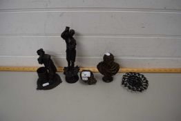 SPELTER DESK STAND, REPRODUCTION BRONZED METAL BUST AND FURTHER ORNAMENTS