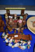 NOVELTY WOODEN BAR TOOL SET FORMED AS FIGURES, TOGETHER WITH VARIOUS NOVELTY BOTTLE STOPPERS,