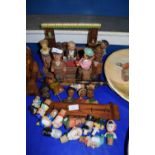 NOVELTY WOODEN BAR TOOL SET FORMED AS FIGURES, TOGETHER WITH VARIOUS NOVELTY BOTTLE STOPPERS,