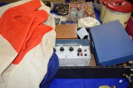 BOX OF MIXED ITEMS TO INCLUDE 'ADVANCE INSTRUMENTS LF OSCILLATOR SG65A', A VINTAGE FLAG, CASES OF