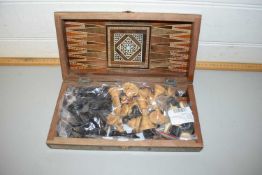 INLAID TRAVELLING FOLDING CHESS BOARD WITH PIECES AND SET OF DRAUGHTS