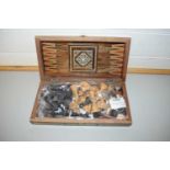 INLAID TRAVELLING FOLDING CHESS BOARD WITH PIECES AND SET OF DRAUGHTS