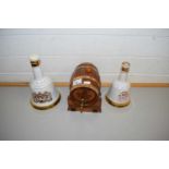 TWO ROYAL COMMEMORATIVE WADE WHISKY BELLS (WITH CONTENTS), TOGETHER WITH A MINIATURE OAK COGNAC