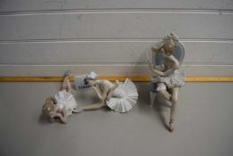 TWO LLADRO BALLERINA FIGURES, A NAO BALLERINA FIGURE AND A LLADRO CABINET PLAQUE (SOME DAMAGE