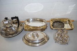 VARIOUS SILVER PLATED WARES TO INCLUDE ENTREE DISHES, EGG CRUET, TEA POT ETC