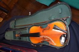 20th century Chinese made violin with accompanying bow and travel case