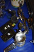 PEWTER TANKARD, NUTCRACKERS, VARIOUS SILVER PLATED ITEMS ETC
