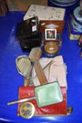 MIXED LOT OF ITEMS TO INCLUDE AN ORIENTAL BLACK LACQUERED TEA CADDY, VARIOUS DRESSING TABLE BRUSHES,