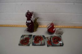ART GLASS MODEL CAT, MODERN CHINESE GLASS OPIUM BOTTLE, FLORAL DECORATED COASTERS AND A GLASS PEAR